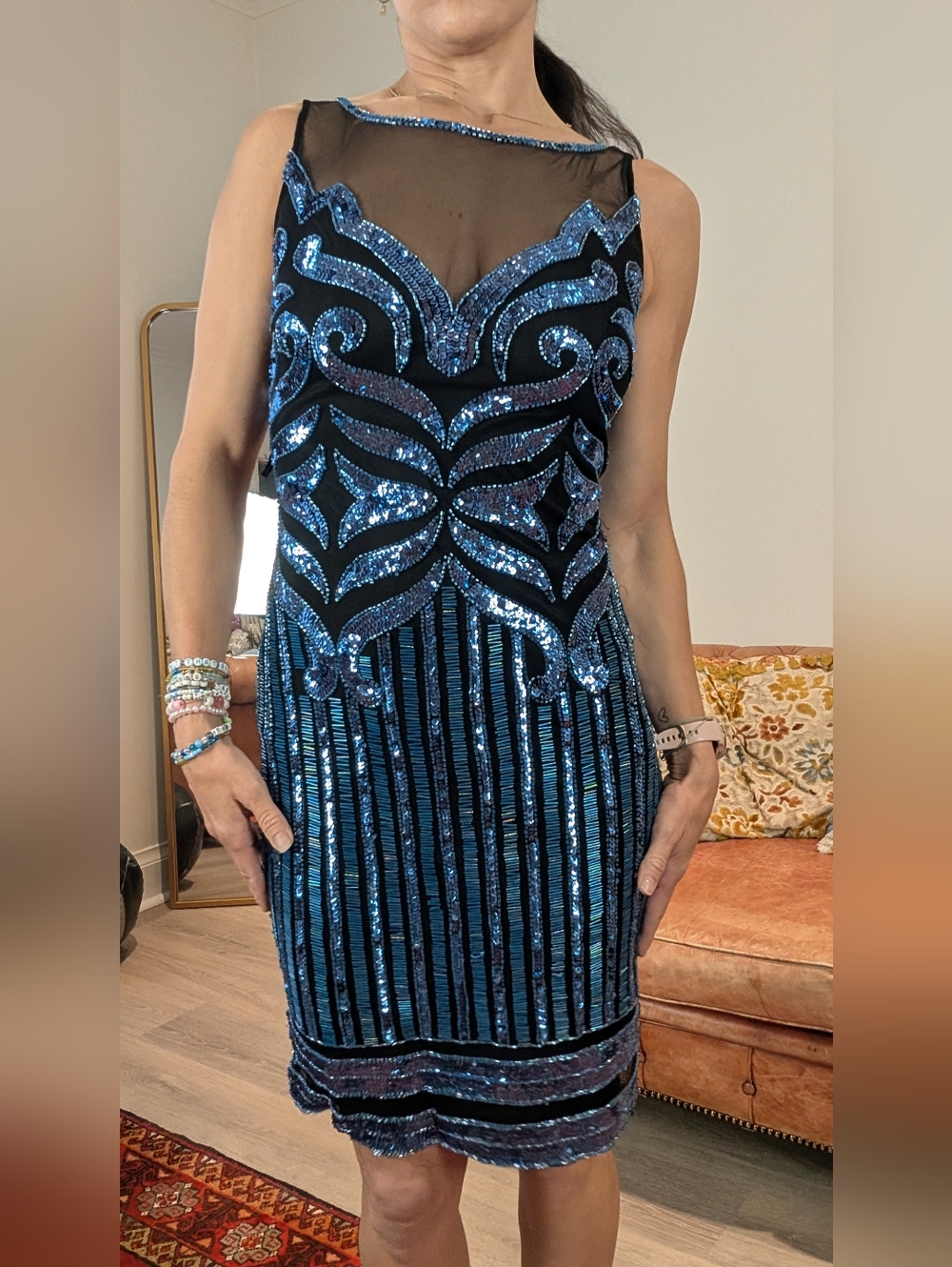 Blue Sequin Embellished Sheath Dress Illusion neckline